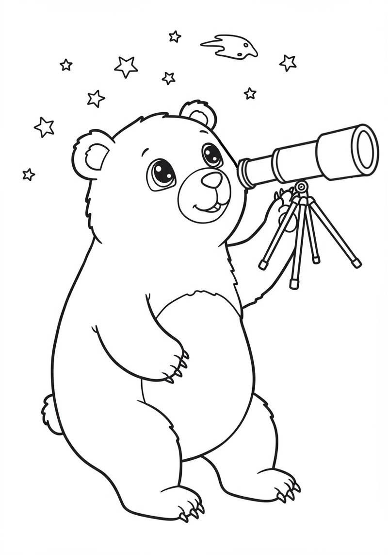 Página para colorear de un oso adorable sosteniendo un telescopio y mirando las estrellas.